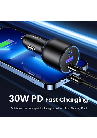 Ugreen 130w Qc Pd Hızlı Araç İçi Şarj Cihazı Çakmaklık Adaptörü 2xusb-c, 1xusb-a, Siyah, 90413