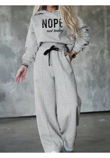 Kadın Uzun Kollu Nope Baskılı Beli Ribanalı Ikili Takım Gri