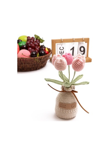 Dianziye El Örgü Gerçekçi Bitki: 5 Başlı Degrade Pembe Lale Saksı Bitkisi İplik Vazo Tabanı