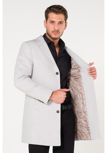 Slim Fit V Yaka Kışlık Kırçıllı Beyaz Kaşe Kaban-Beyaz