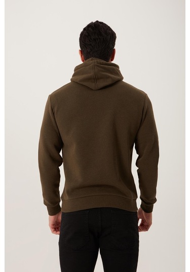 Erkek Kapüşonlu Kanguru Cep 3 İplik Sweatshirt Haki