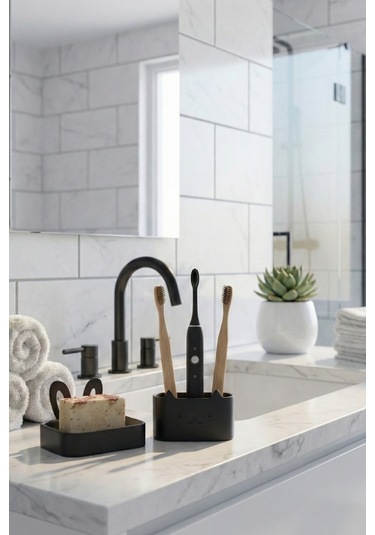 Oxyteez Dekoratif Banyo Sabunluk Seti Siyah Renk Reçine Tasarım Ev Ve Ofis Dekorasyonu