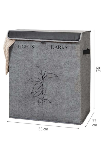 Deri Detaylı 2 Gözlü Çamaşır Sepeti, 53 X 33 X 60 Cm, 105 Litre Gri