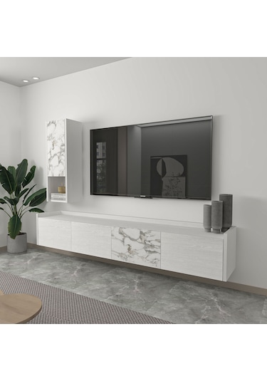 T007 Duvara Monte, Raflı Tv Ünitesi, Tv Sehpası - Ahşap Beyaz/mermer Ahşap Beyaz/mermer