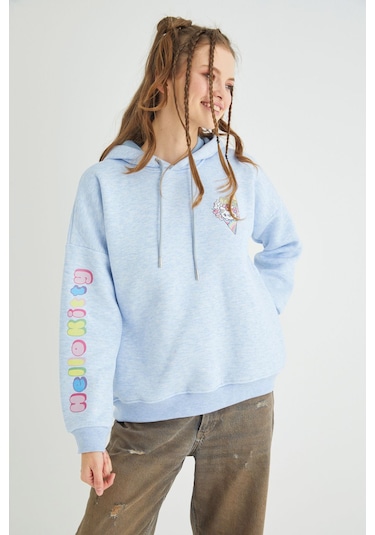 Hello Kitty Lisanslı Baskılı Kapüşonlu Kalın Mavi Sweatshirt Renkli