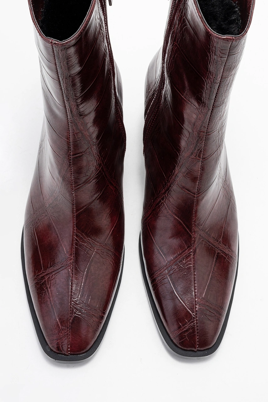 Chara Bordo Baskı Kadın Kalın Topuklu Bot Bordo