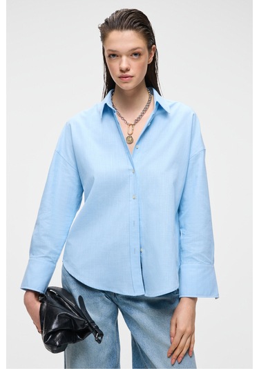 VESTA Kadın %100 Pamuk Keten Görünümlü Flamlı Oversize Mavi Gömlek