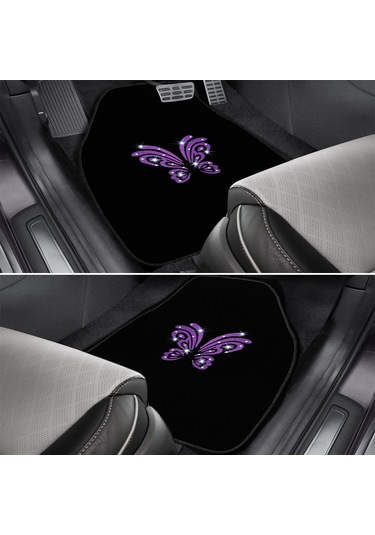 Kadın Sürücülere Özel: Mor Kelebek Zarafeti & Taşlı Siyah Oto Halı Paspas Seti 5 Parça Nakışlı