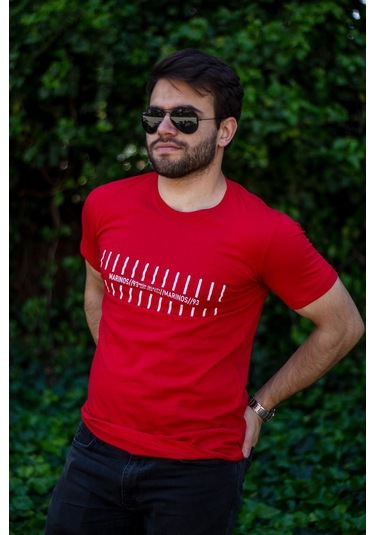 Erkek Kırmızı Çizgi Baskılı Normal Kesim Bisiklet Yaka Erkek Tişört 22etshmros 001