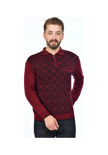 Kamalı Erkek Çelik Örgü Gömlek Yaka Cepli Fermuarlı Polo Yakalı Tüylenmeyen Triko Kışlık Baba Kazak Bordo