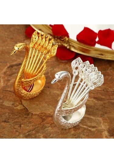 Novahub Altın Kuğu Şekilli Çatal Kaşık Seti - Paslanmaz Korozyona Dirençli Cilalı Yüzey - Depolama Tutucu İle Altın