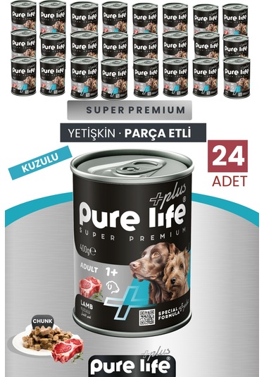 Pure Life Plus 24'lü Sığır Yetişkin Konserve Chunk Parça Etli Yaş Mama 400 G