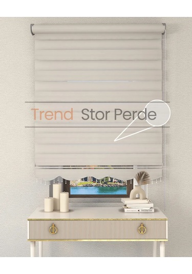 Geniş Plise Beyaz Boncuklu Zebra Stor Güneşlik Perde Opak Ekru