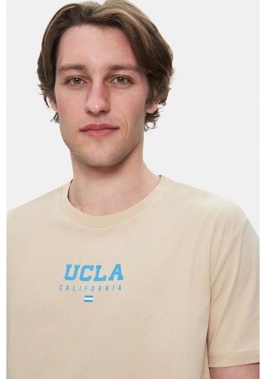 Sherman Sütlü Kahve Bisiklet Yaka Baskılı Standard Fit Erkek Tshirt Sütlü Kahve Sütlü Kahverengi