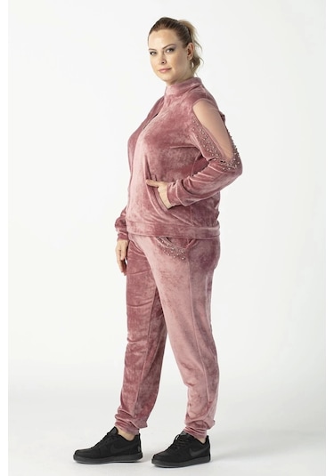 1950 Kolları Taşlı Tam Kalıp Tarz Kadife Büyük Beden Eşofman Takım Pembe Pembe