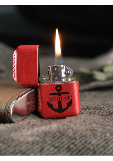 Vagave Kırmızı Renk Hakiki Deri El Yapımı Zippo Benzinli Çakmak