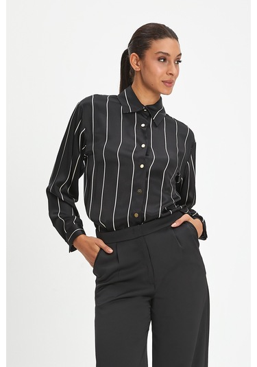 Kadın Çizgili Gömlek - Klasik Yaka Ve Düğme Detaylı Modern Tasarım Siyah
