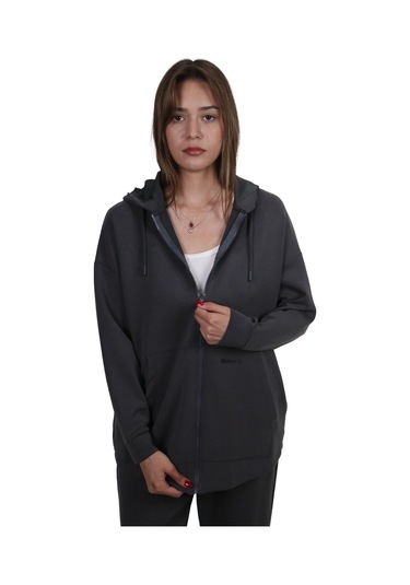 Kadın Modal Kumaş Yumuşak Dokulu Fermuarlı Rahat Kalıp Gri Kapüşonlu Ceket Hırka Gri