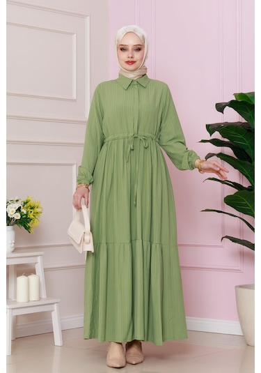 Gömlek Yaka Beli Tünelli Sare Elbise-fıstık Yeşili-4740 Fıstık Yeşili