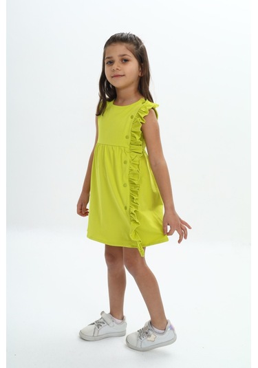 Toontoy Kız Çocuk Fırfır Ve Çıtçıt Detaylı Elbise Açık Yeşil