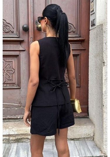 The İstanbul Gold Düğme Detaylı Yelek Şort Cotton Takım 10134-17 Siyah