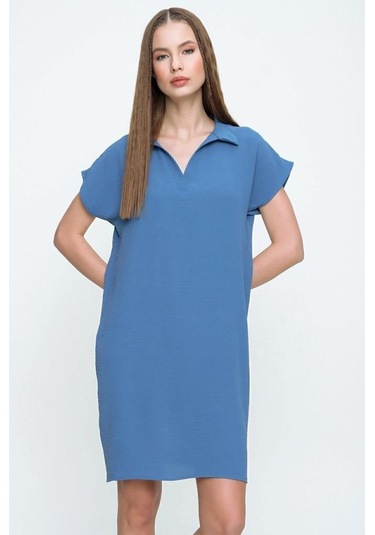 Kadın Bol Kesim Polo Yaka Kısa Kollu Günlük Kısa Midi Elbise Dizüstü 2883200 Mavi