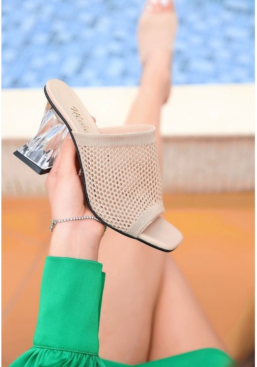 Akva Krem Triko Şeffaf Topuklu Kadın Terlik Krem