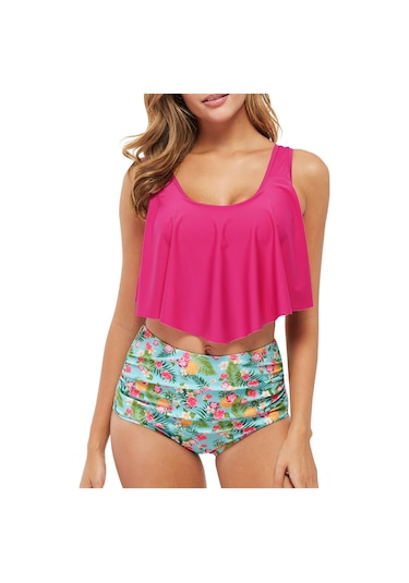 Mufunye Bayan İki Parça Mayo - Mor Kırmızı Desenli, Yüksek Bel, Düzgünsüz Yaprak Kenar, Ayarlanabilir Omuz Kordonu S, Asya Beden Gül