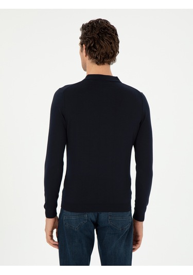 Cacharel Lacivert Slim Fit Yün Karışımlı Polo Yaka Basic Triko Kazak