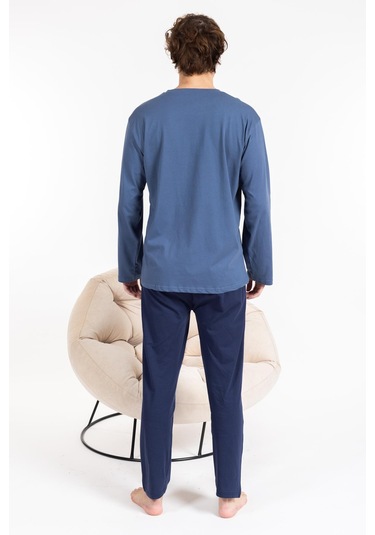 Erkek Penye Pamuk Regular Kalıp Sıfır Yaka Kaliteli Pijama Takımı A803123-mavi Mavi
