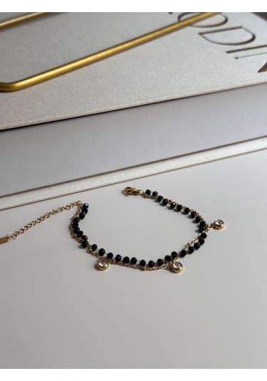 Siyah Boncuklu Sallantılı Taşlı Altın Kaplama Bileklik Altın