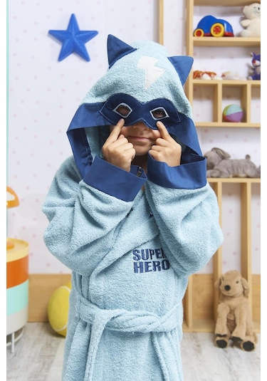 Formeya Kapşonlu Çocuk Bornoz %100 Pamuk Su Emici Mavi Hero Mavi