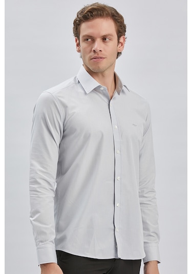 Gri Uzun Kollu Bez Ayağı Sert Yaka Cepsiz Pamuklu Klasik Slim Fit Dar Kesim Gömlek 1004240230 Gri