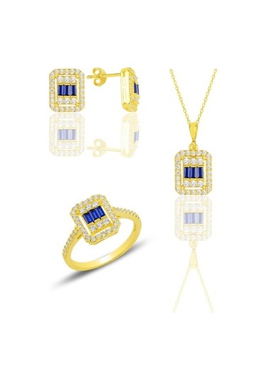 Gümüş Altın Yaldızlı Baget Kesim Safir Taşlı Çizgili Üçlü Set