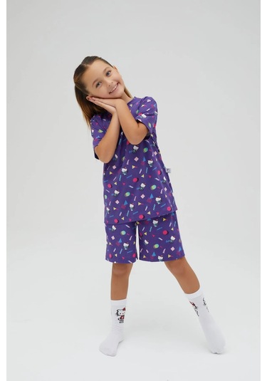 Hello Kitty Kız Çocuk Kısa Kollu Şortlu Pamuklu Pijama Takımı Renklı
