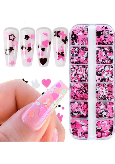 Pembe Beyaz Tırnak Süsleme Folyo Pulları Karışık Dizayn Kelebek Kalp Tavşan Nail Art