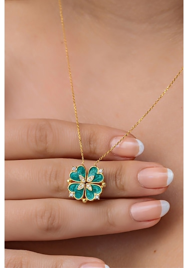 Nereze 925 Ayar Gümüş Mıknatıslı Ayrılabilir Gold Yeşil Mineli 4 Kalpli Yonca Kolye