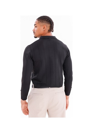 Monox Erkek Yarım Fermuarlı Polo Yaka Triko Kazak Siyah