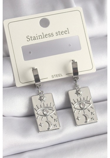 316l Çelik Gümüş Renk Zirkon Taşlı Göz İşleme Detaylı Plaka Model Kadın Küpe Çok Renkli