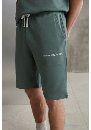 Colombıa Erkek 2'li Set Comfort Fit Rahat Kalıp Yazı Nakışlı Şardonsuz Yeşil Eşofman Takımı