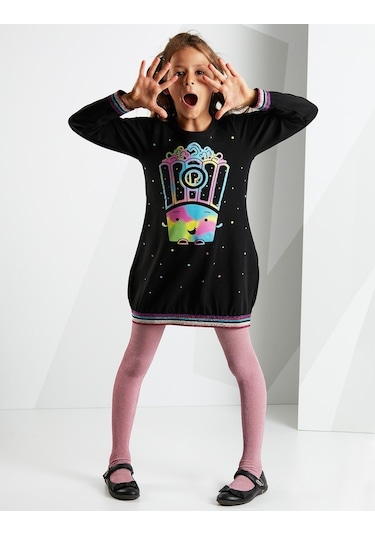 Denokids Mushi Popcorn Siyah Kız Elbise Çok Renkli
