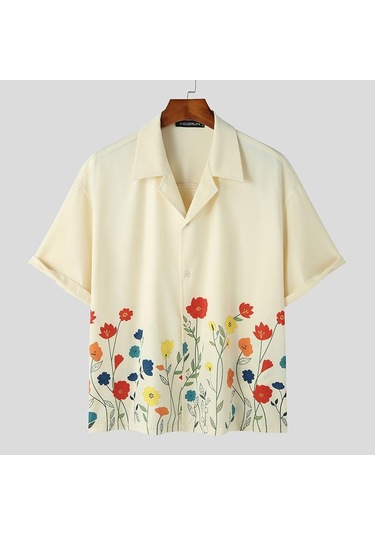 İncerun Yaz Baskı Erkek Kısa Kollu Tatil Günlük Salaş Gömlekler Bej