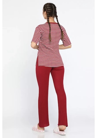 Lukitus Kısa Kollu İnce Triko Desenli Kırmızı