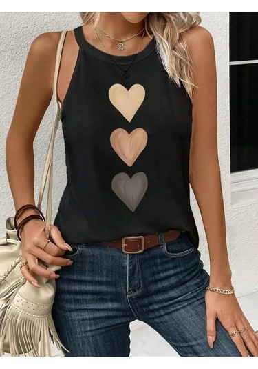 Kadın Omuzlardan Açık Boyundan Askılı Kalp Baskılı Viskon Bluz Siyah