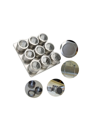 Paslanmaz Çelik Masa Üstü 9Lu Mıknatıslı Baharatlık Takımı Cin220 Gri