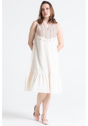 Kolsuz Şile Bezi Ilgaz Midi Boy Elbise Krem Krm-krem Krem