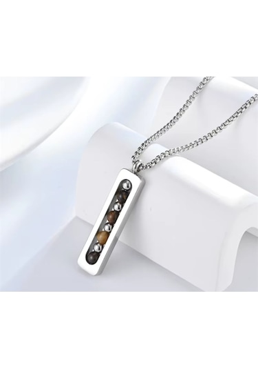 Erkek 316l Kaplangözü Doğal Taşlı Çelik Kolye 9133 Gümüş