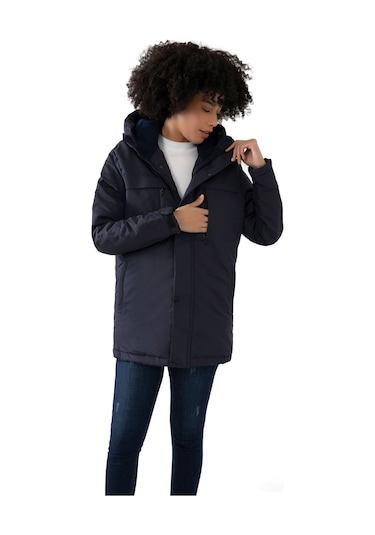 Kadın Lacivert Içi Polarlı Su Ve Rüzgar Geçirmez Kapüşonlu Kışlık Mont Kaban Parka Lacivert