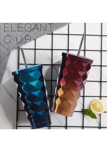 Kosona 500ml Mor Gradyan Diamond Desenli 304 Paslanmaz Çelik Vakumlu Isı Saklama Bardak, Pipet Ve Kapaklı, Ofis/seyahat İçin Diğer