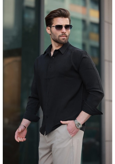 Madmext Siyah Basic Uzun Kollu Erkek Gömlek E6762 Siyah